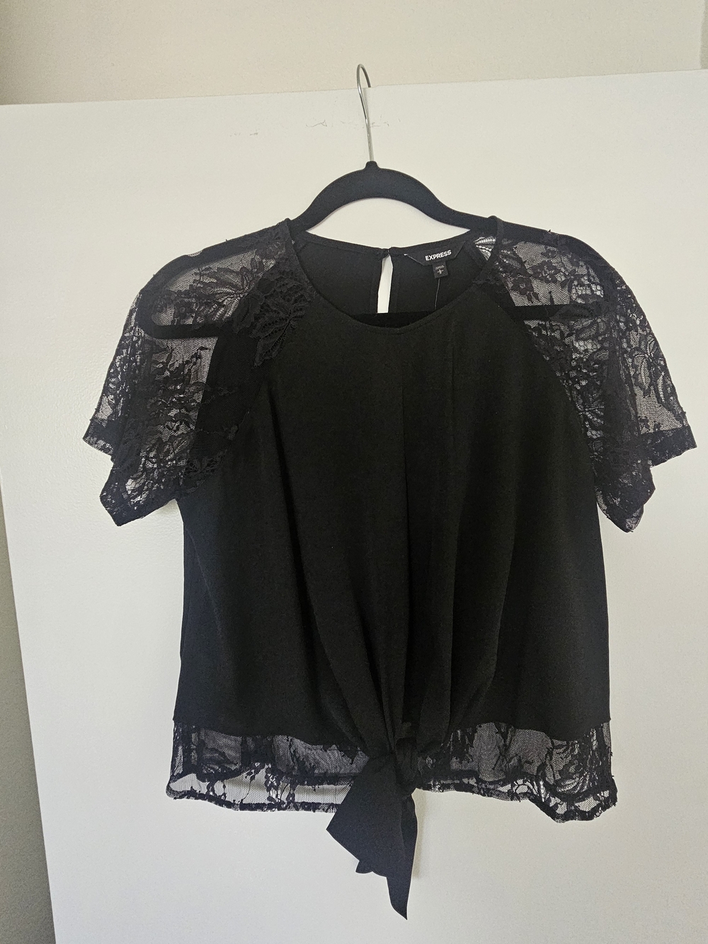 Express Black Lace Sleeve Tie-Hem Blouse - Large